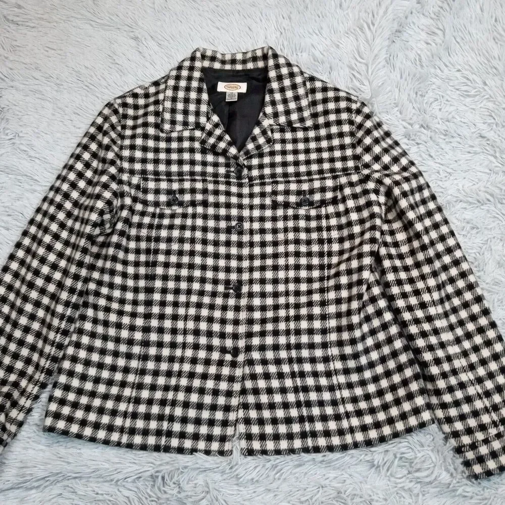 Vintage Talbots Jacket‎ Womens 12 Black White Plaid Wool Blend Coat Pockets
